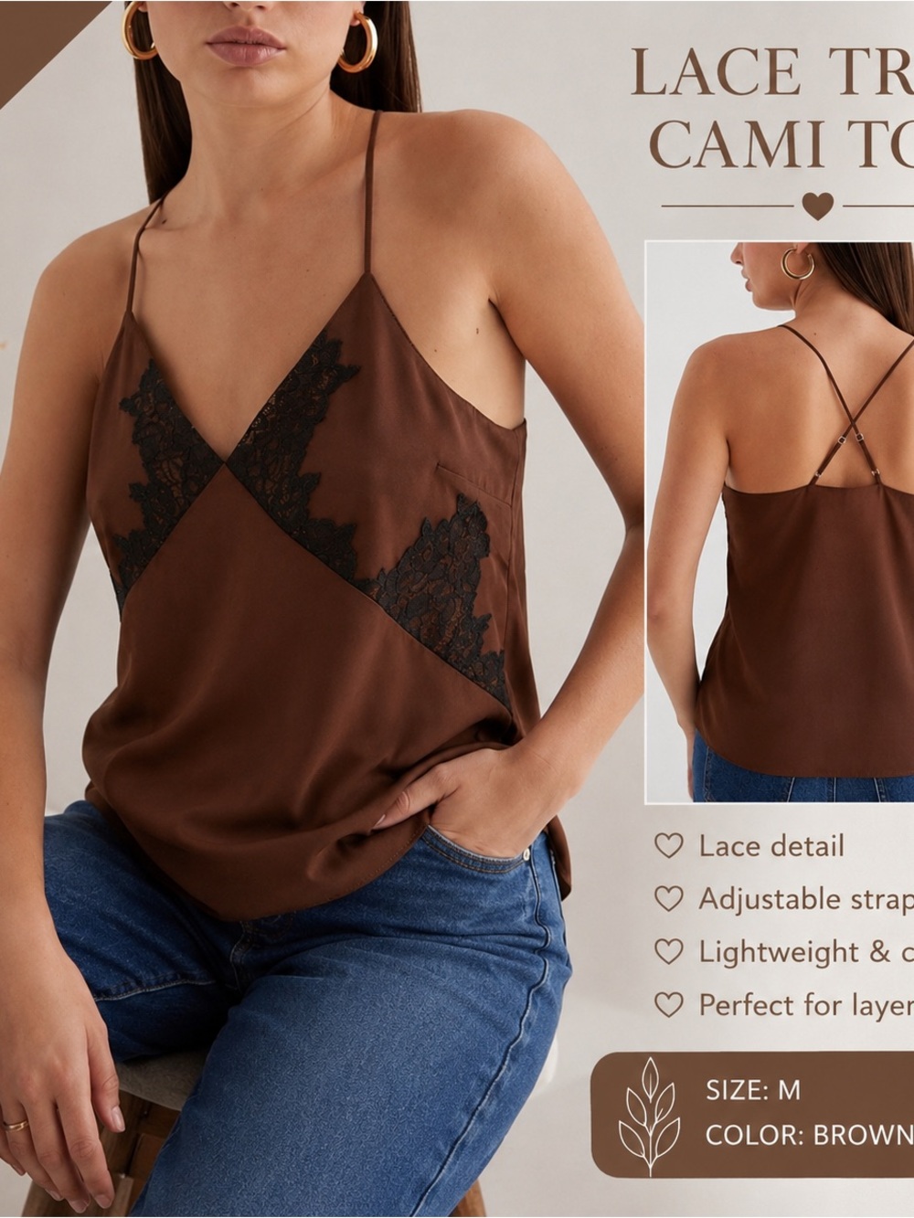 Express Y2K silky satin Lace Cami Top Brown Chocolate Strappy Tank date night la